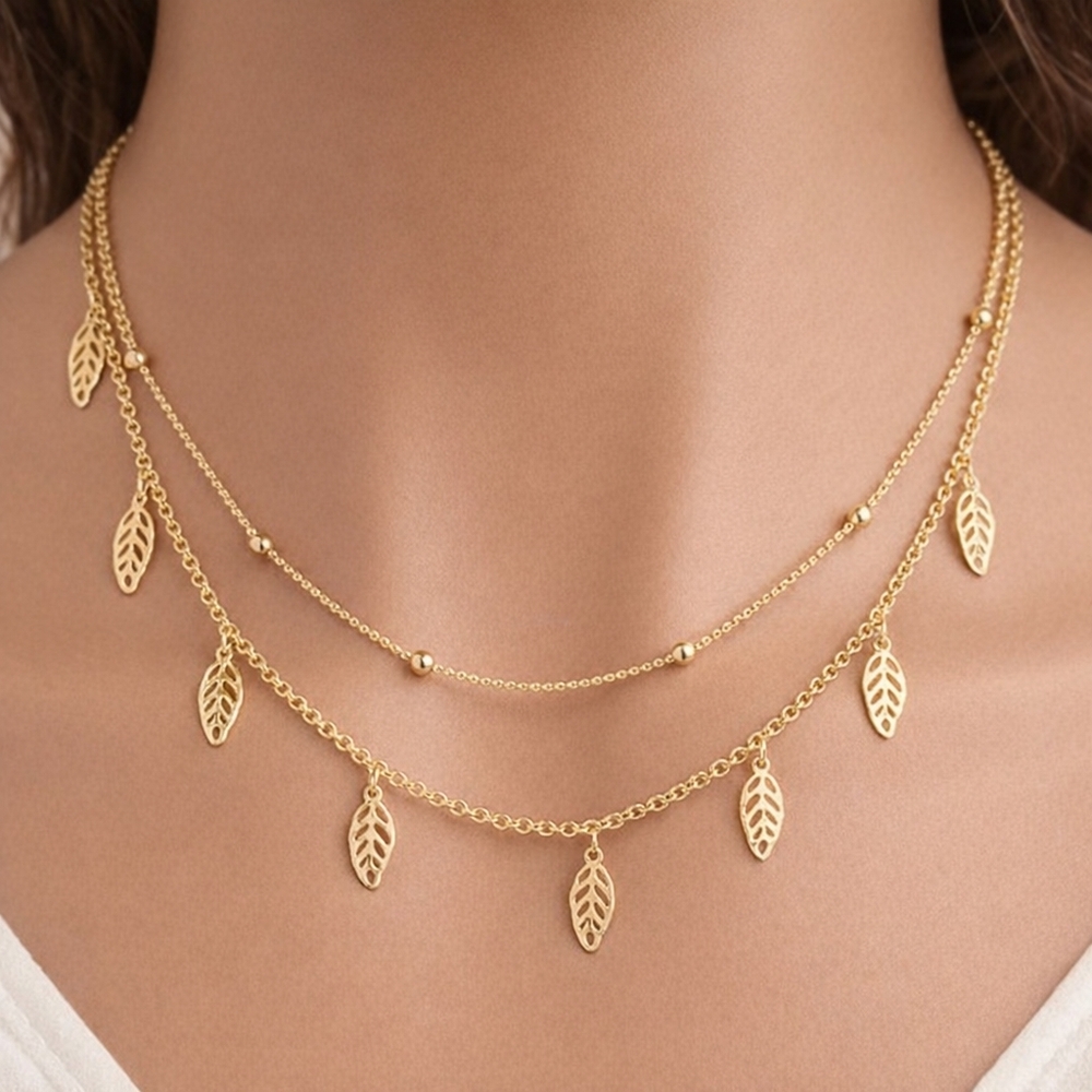 Women's Gold Layered Filigree Leaf Charm Beaded Necklace -  Fashion Jewelry